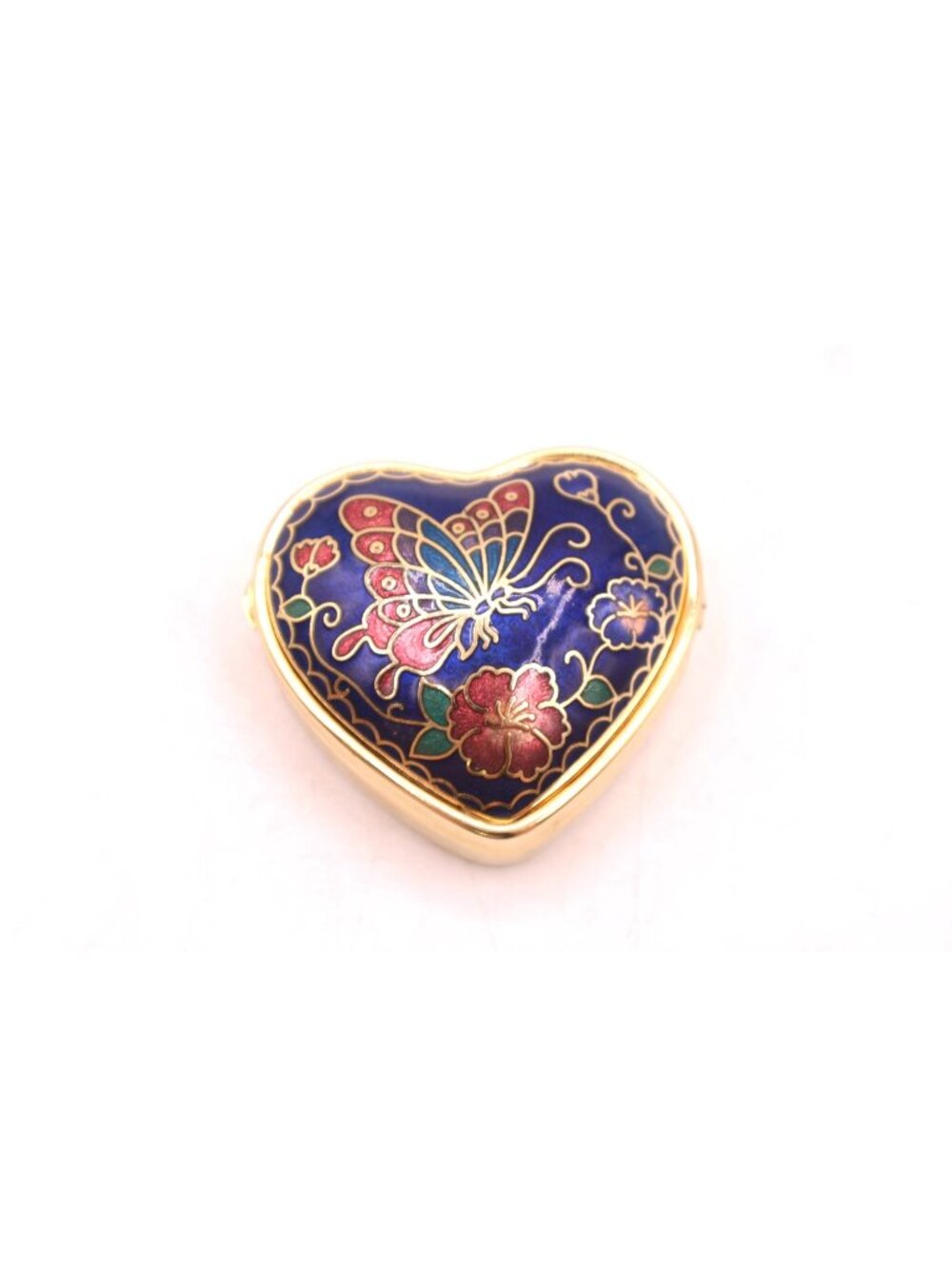 Vintage Cloisonne Enamel Heart Pill Box Blue Butterfly Floral Brass Trinket Dish